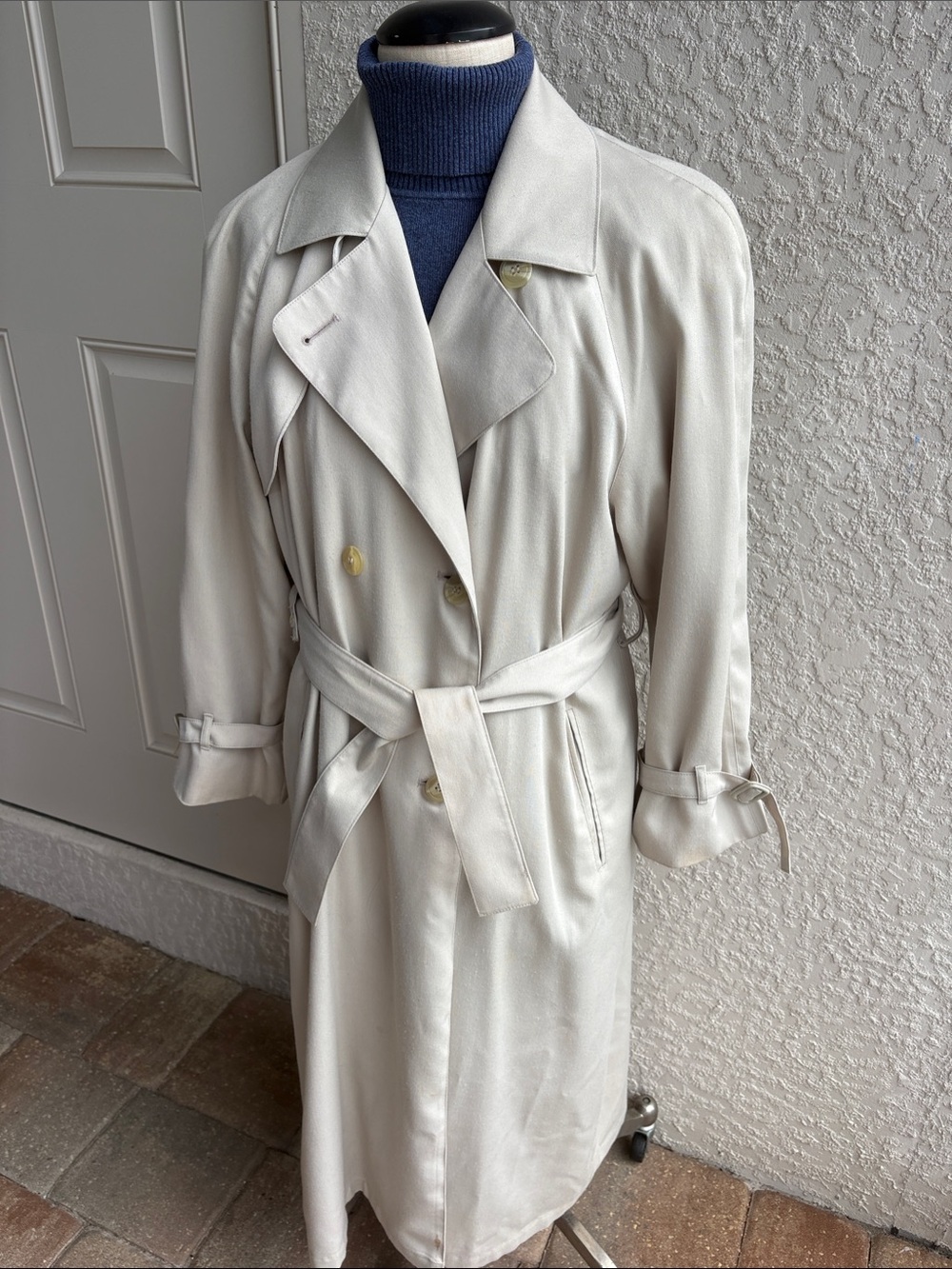 London Fog Cream Double-Breasted Belted Trench Coat